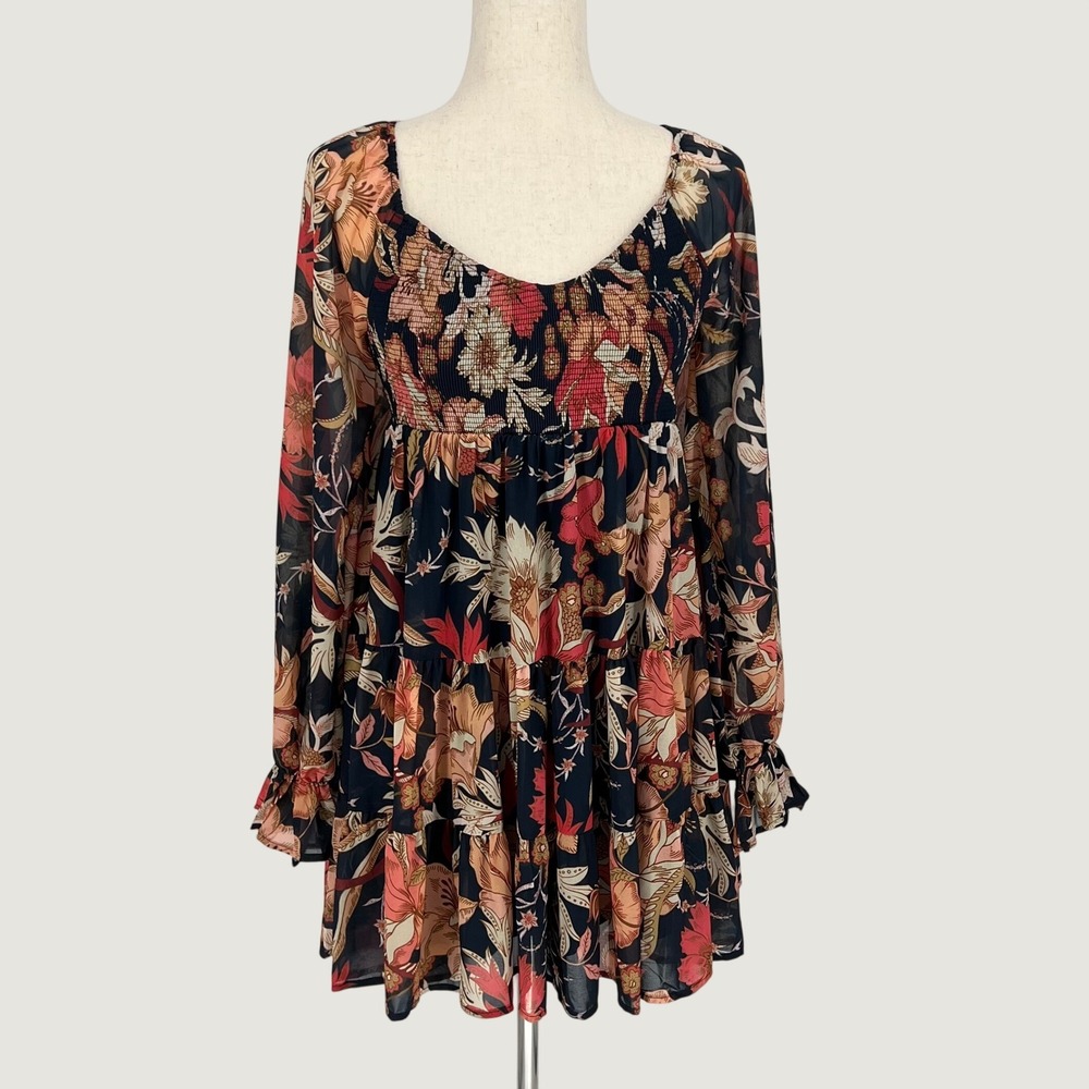 Baltic Born Women Floral Smocked Mini Babydoll Dess Size L Navy Pink Boho Fall